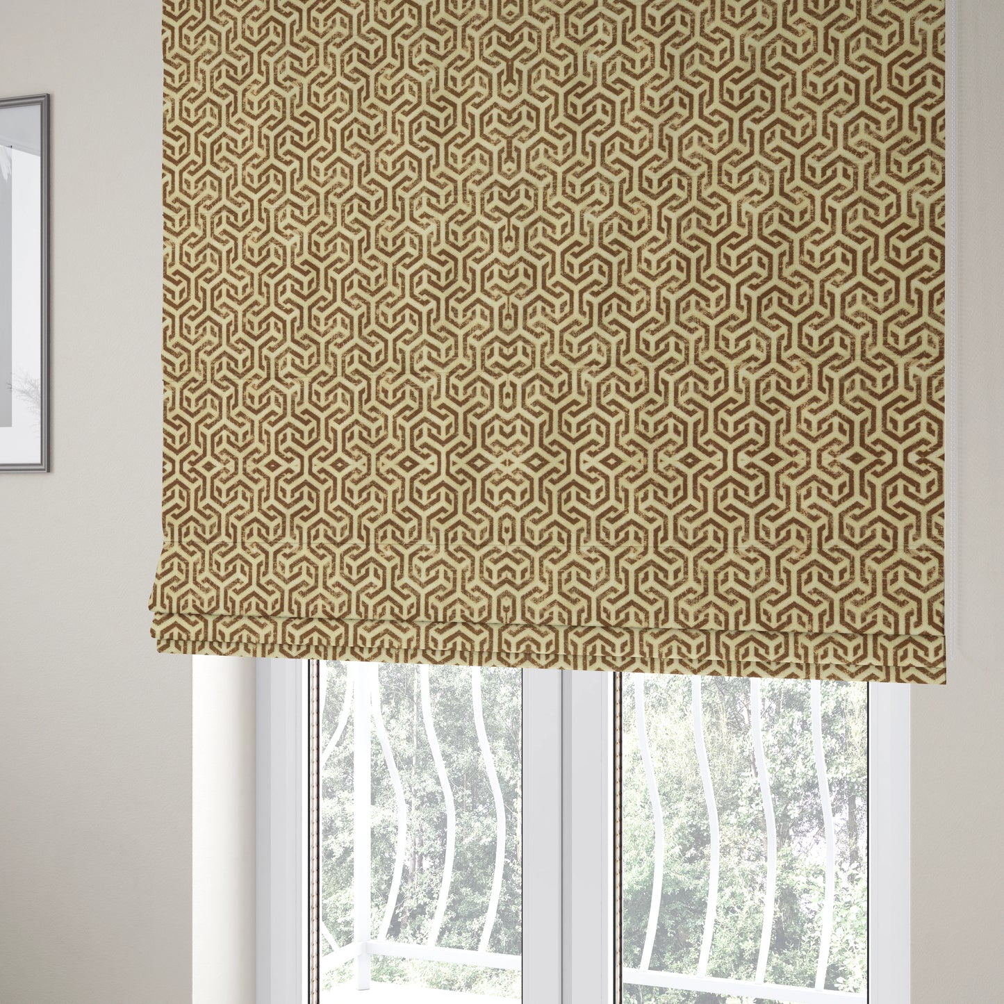 Java Printed Velvet Fabric Geometric Greek Key Inspired Pattern In Brown Colour Upholstery Fabric CTR-1134 - Roman Blinds