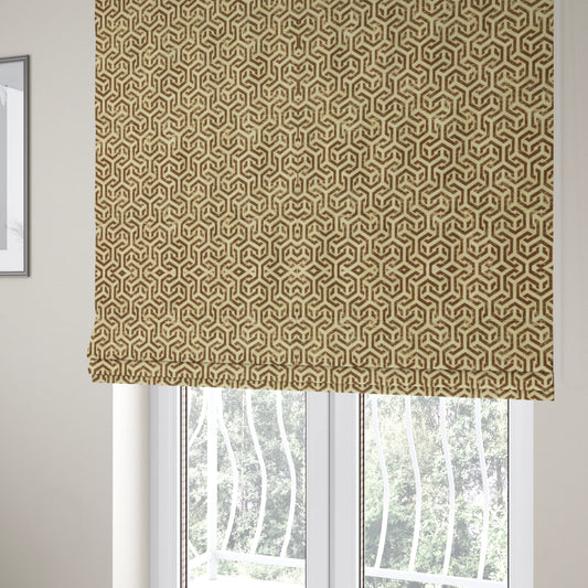 Java Printed Velvet Fabric Geometric Greek Key Inspired Pattern In Brown Colour Upholstery Fabric CTR-1134 - Roman Blinds