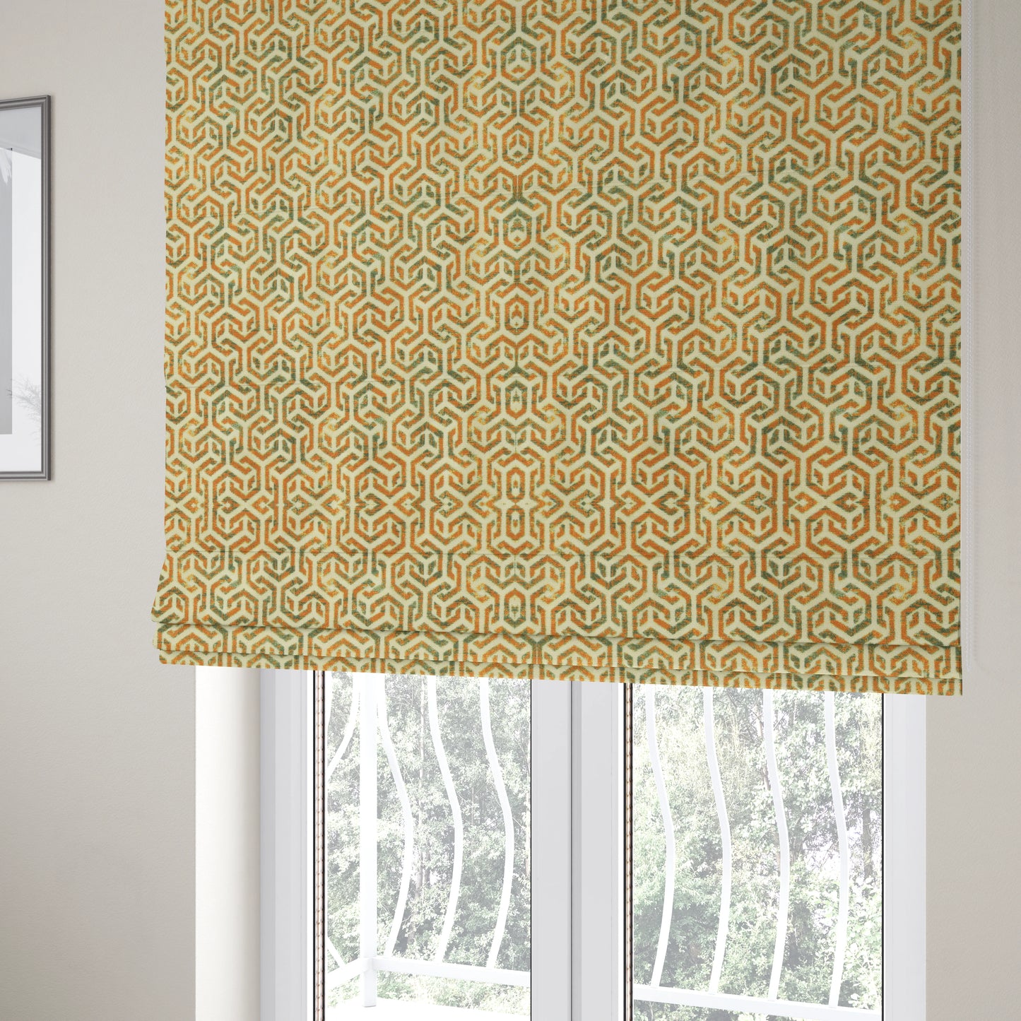 Java Printed Velvet Fabric Geometric Greek Key Inspired Pattern In Yellow Colour Upholstery Fabric CTR-1135 - Roman Blinds