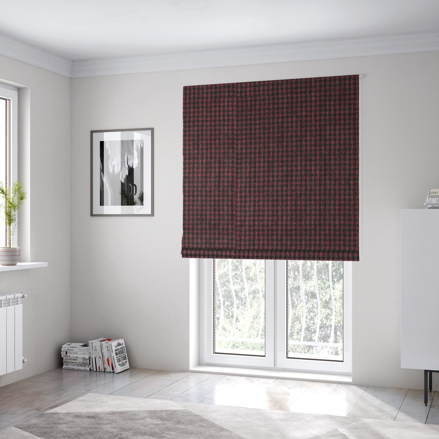 Berwick Houndstooth Pattern Jacquard Flat Weave Burgundy Colour Upholstery Furnishing Fabric CTR-1145 - Roman Blinds