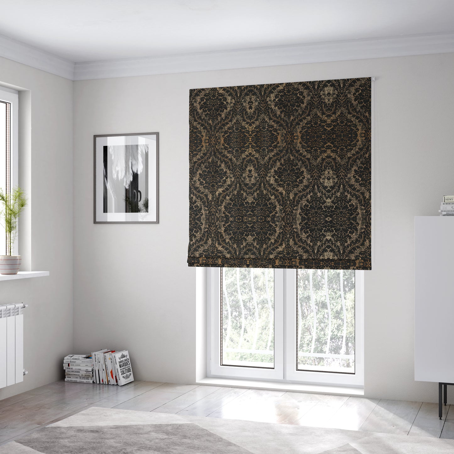 Kimberley Damask Pattern Soft Chenille Upholstery Fabric In Black Colour CTR-1161 - Roman Blinds