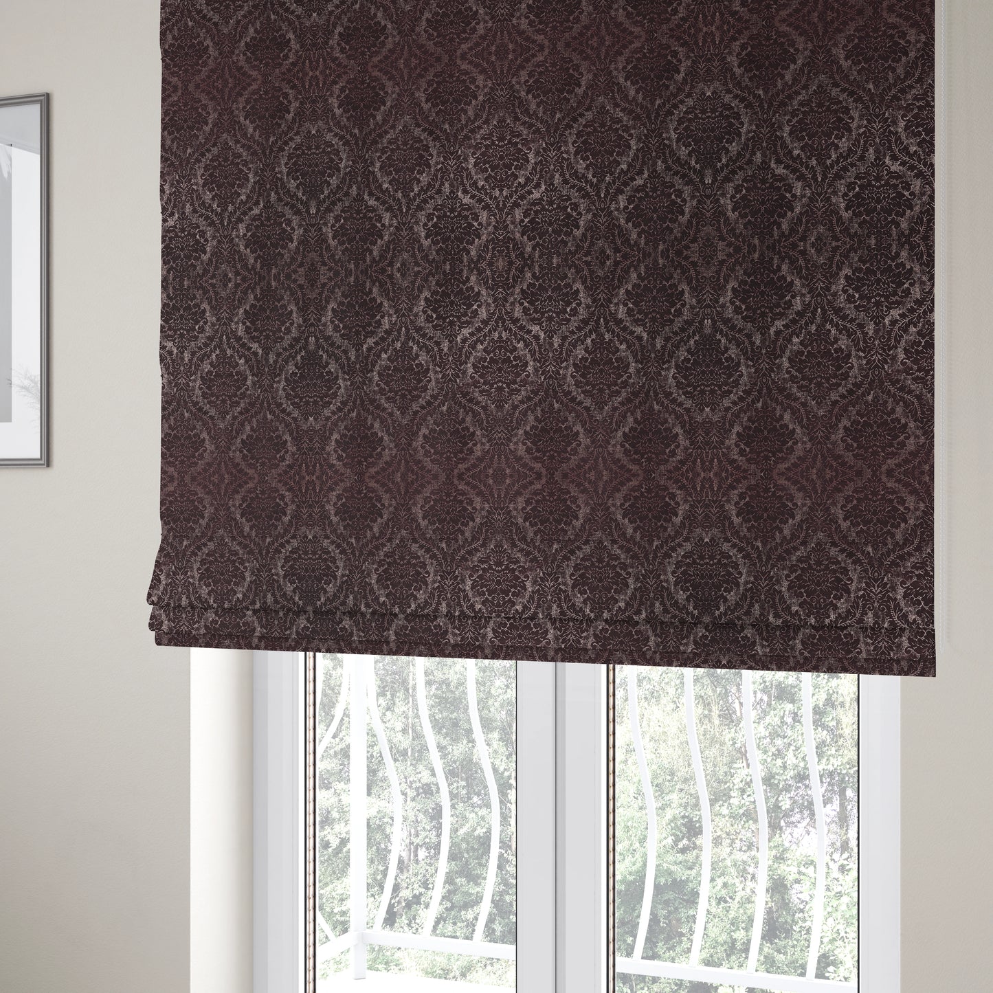 Kimberley Damask Pattern Soft Chenille Upholstery Fabric In Maroon Red Colour CTR-1163 - Roman Blinds