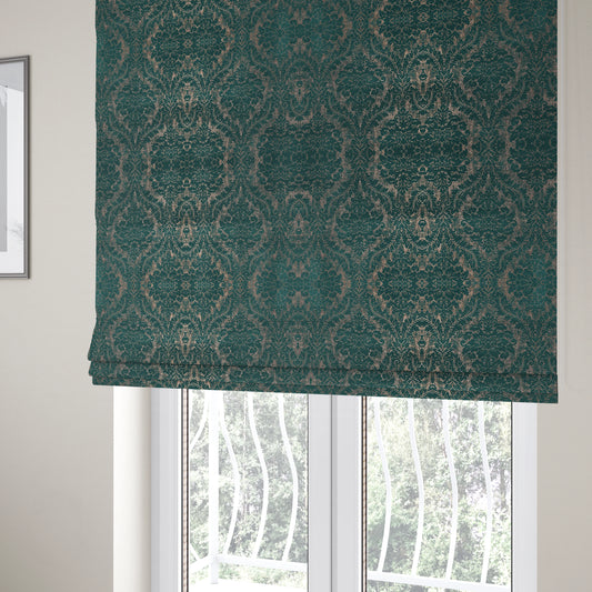 Kimberley Damask Pattern Soft Chenille Upholstery Fabric In Teal Colour CTR-1164 - Roman Blinds