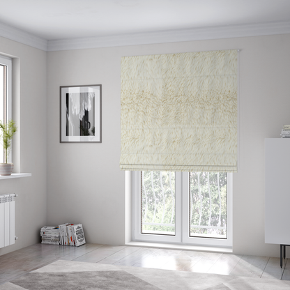 The fabric used to create these Roman blinds is a cream or off-white, high-pile faux fur fabric. The texture appears soft, fluffy, and dense, characterized by long, slightly tousled fibres that give it a cosy, shag-like appearance.