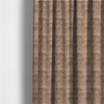 The fabric used to create these made-to-measure curtains is a warm beige or sandy-toned, high-pile faux fur fabric. It displays a dense, luxurious texture with soft, tousled fibres that create a cosy, shag-inspired look.
