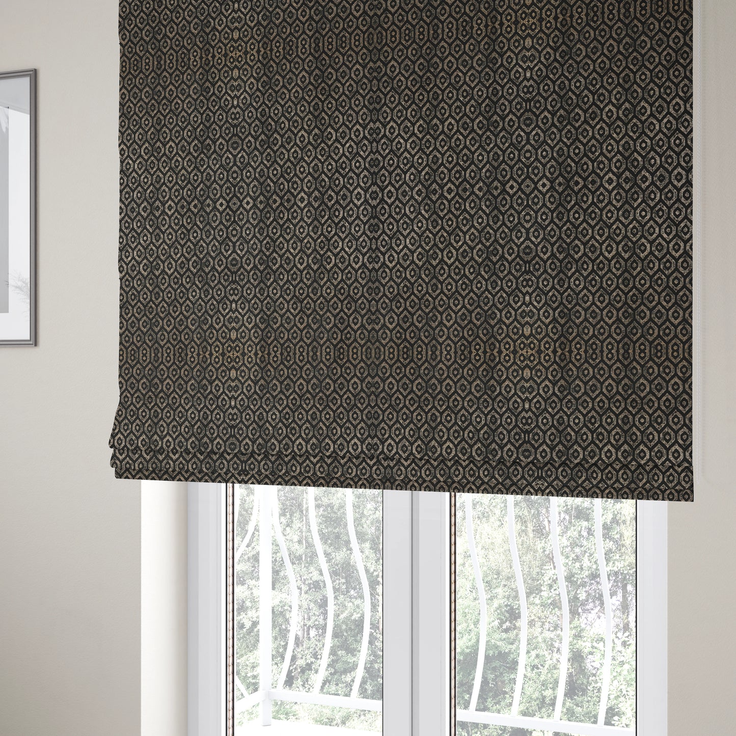 Kimberley Geometric Pattern Soft Chenille Upholstery Fabric In Black Colour CTR-1170 - Roman Blinds