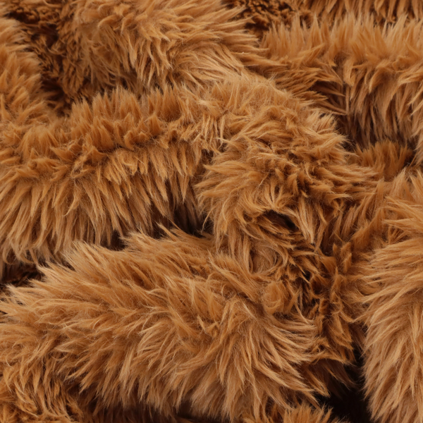 A rich, warm brown, high-pile faux fur fabric. It features a dense, luxurious texture with soft, tousled fibres that create a cosy, shag-like appearance.