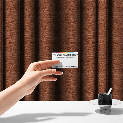 The fabric used to create these made-to-measure curtains is a rust or burnt-orange, high-pile faux fur fabric. It features a unique, wavy or rippled texture created by the directional alignment of the plush, soft fibres, giving it a distinctive shag-like appearance.