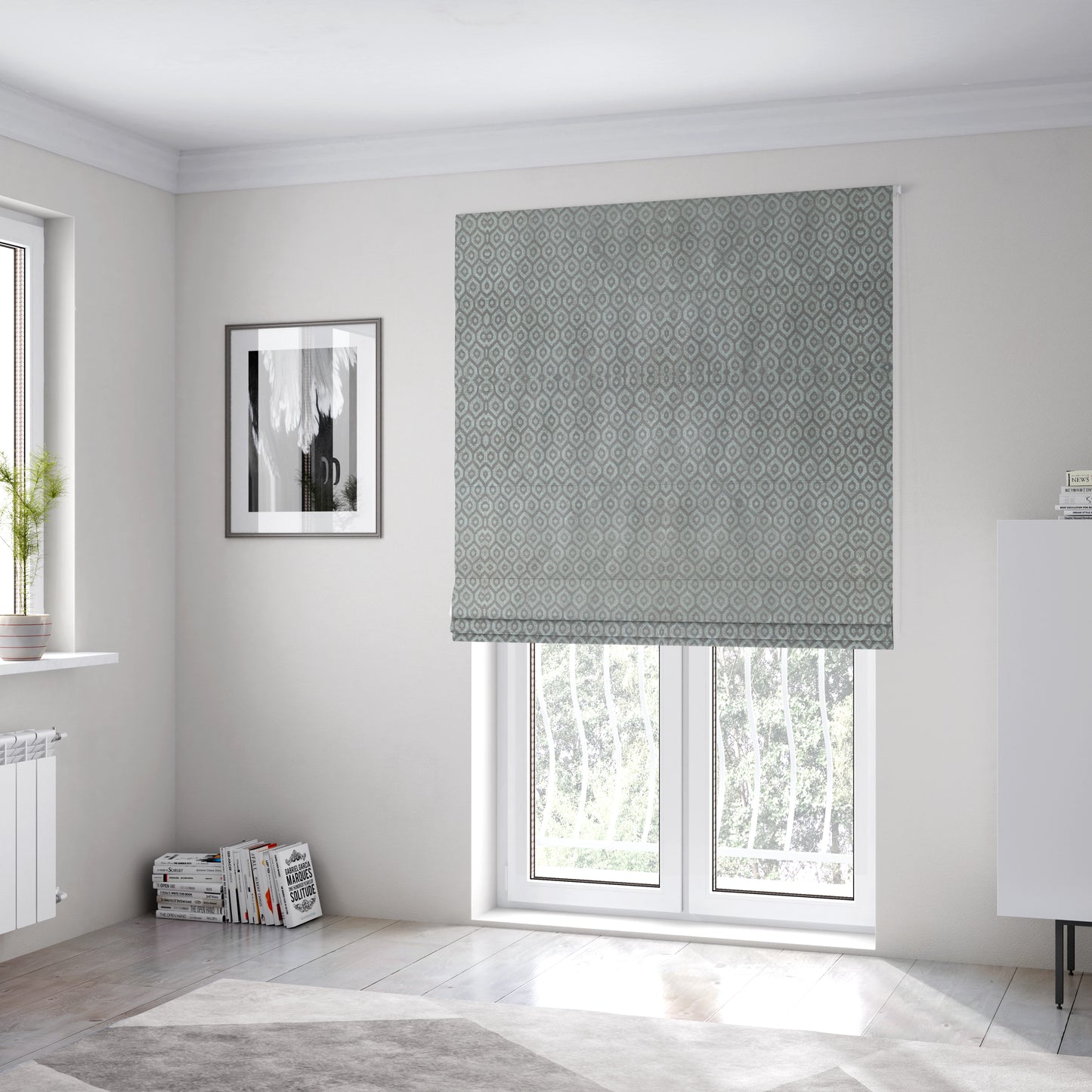 Kimberley Geometric Pattern Soft Chenille Upholstery Fabric In Silver Colour CTR-1174 - Roman Blinds