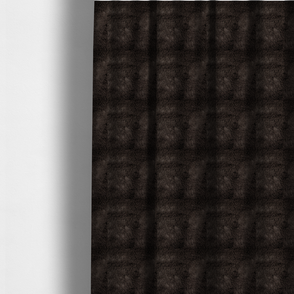 The fabric used to create these made-to-measure curtains is a deep, dark espresso or near-black, high-pile faux fur fabric. It displays a dense, luxurious texture with soft, slightly tousled fibres that create a cosy, sophisticated shag-like appearance.
