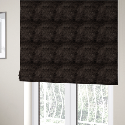 The fabric used to create these Roman blinds is a deep, dark espresso or near-black, high-pile faux fur fabric. It displays a dense, luxurious texture with soft, slightly tousled fibres that create a cosy, sophisticated shag-like appearance.