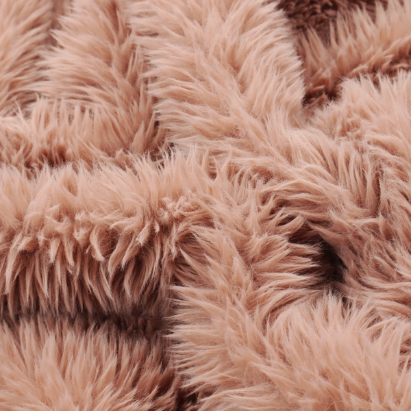 A dusty rose or soft mauve, high-pile faux fur fabric. It features a dense, luxurious texture with soft, tousled fibres that create a cosy, shag-like appearance.