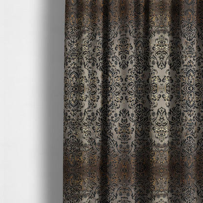 Nile Damask Pattern Metallic Tones Black Grey Gold Upholstery Fabric CTR-1189 - Made To Measure Curtains