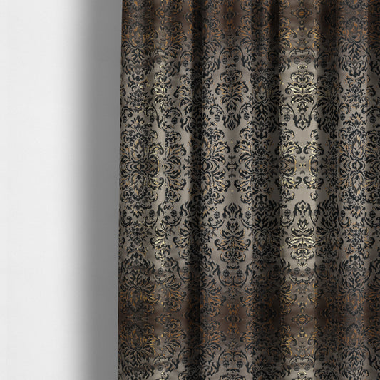 Nile Damask Pattern Metallic Tones Black Grey Gold Upholstery Fabric CTR-1189 - Made To Measure Curtains