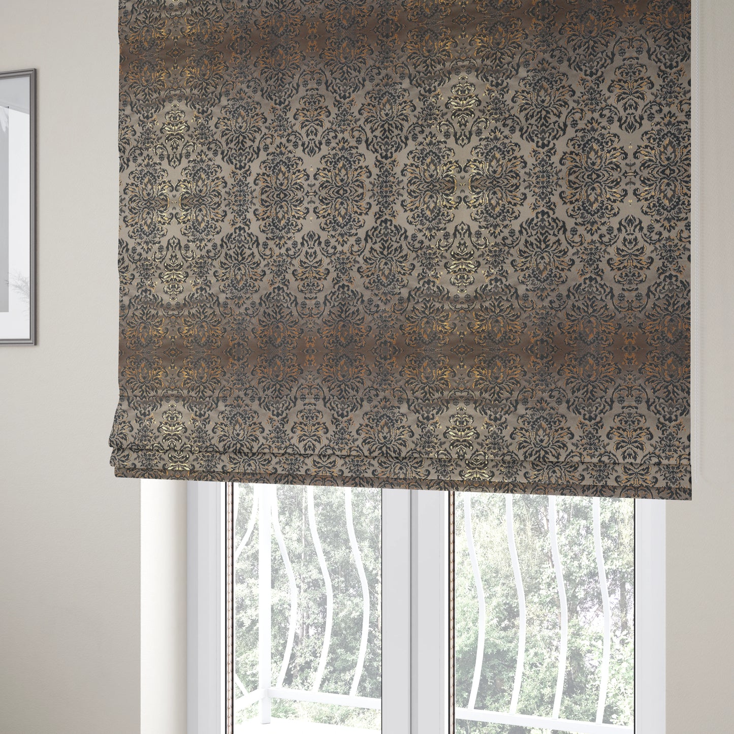 Nile Damask Pattern Metallic Tones Black Grey Gold Upholstery Fabric CTR-1189 - Roman Blinds