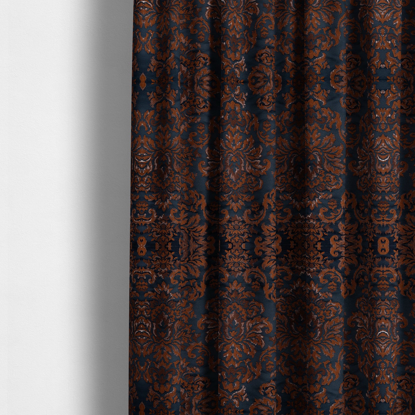 Nile Damask Pattern Metallic Tones Navy Blue Orange Upholstery Fabric CTR-1190 - Made To Measure Curtains