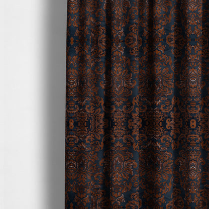 Nile Damask Pattern Metallic Tones Navy Blue Orange Upholstery Fabric CTR-1190 - Made To Measure Curtains