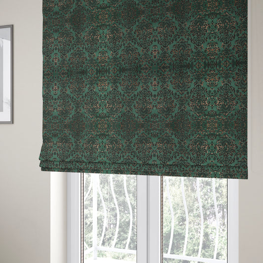 Nile Damask Pattern Metallic Tones Green Gold Upholstery Fabric CTR-1191 - Roman Blinds