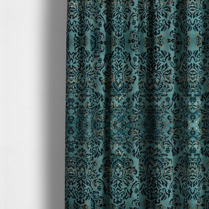 Nile Damask Pattern Metallic Tones Blue Gold Upholstery Fabric CTR-1194 - Made To Measure Curtains