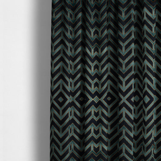 Nile Chevron Pattern Metallic Tones Blue Gold Upholstery Fabric CTR-1205 - Made To Measure Curtains