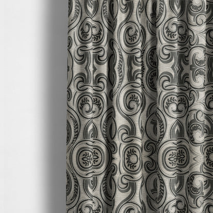 Ketu Collection Of Woven Chenille Floral Black Grey Colour Furnishing Fabrics CTR-121 - Made To Measure Curtains