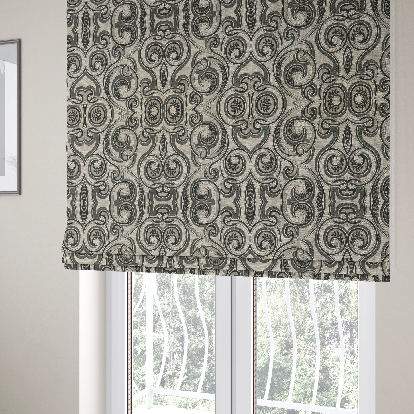 Ketu Collection Of Woven Chenille Floral Black Grey Colour Furnishing Fabrics CTR-121 - Roman Blinds