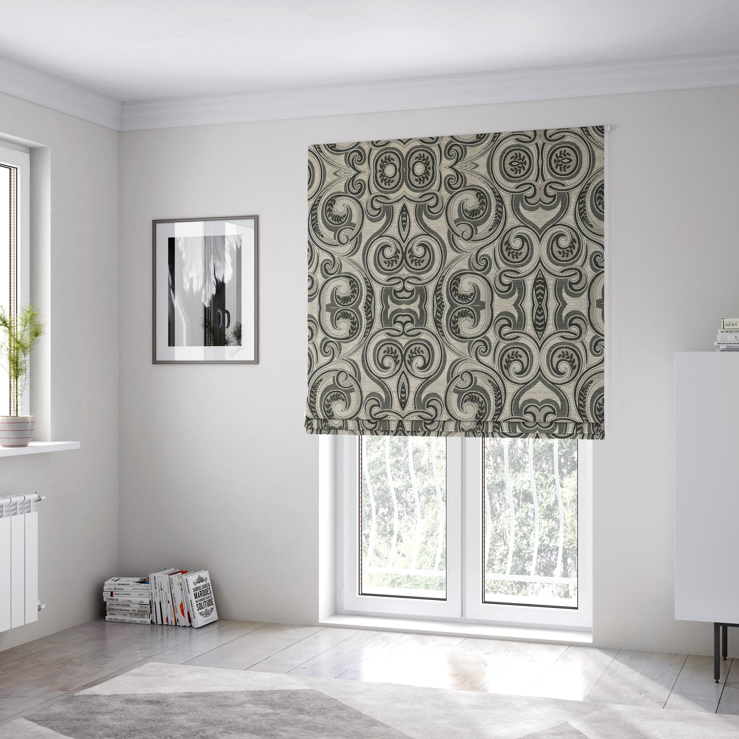 Ketu Collection Of Woven Chenille Floral Black Grey Colour Furnishing Fabrics CTR-121 - Roman Blinds