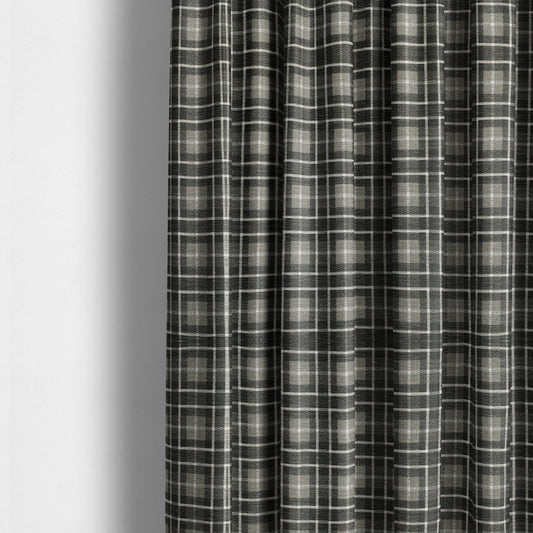 Ketu Collection Of Woven Chenille Checked Tartan Black Grey Colour Furnishing Fabrics CTR-122 - Made To Measure Curtains