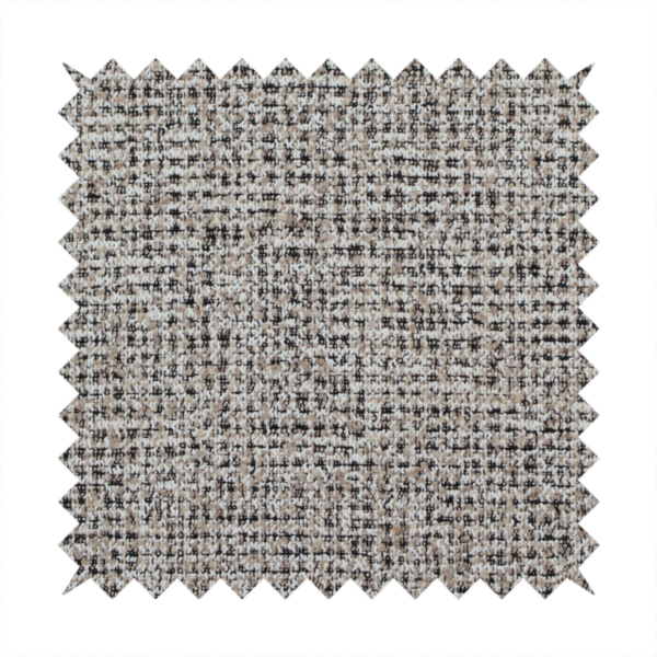 A textured, woven fabric featuring a complex pattern of beige, black, and white threads, creating a speckled and mottled appearance.