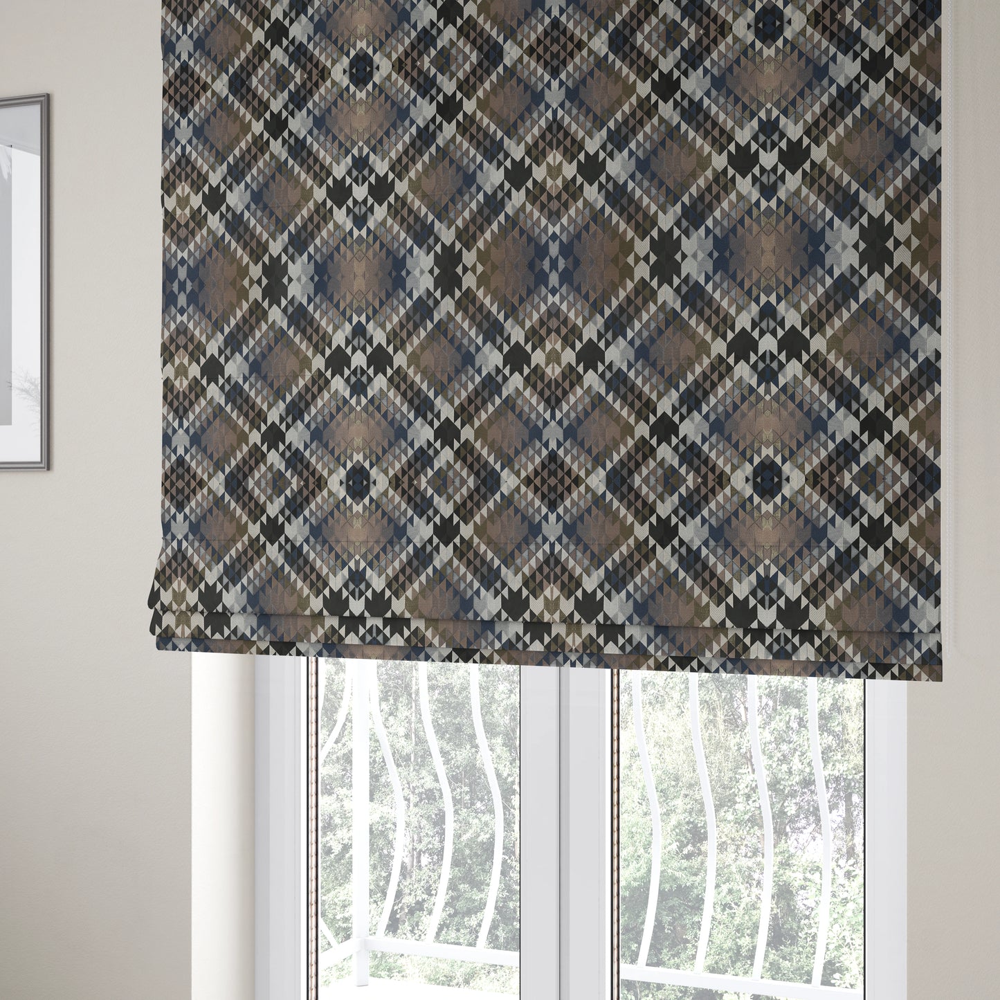 Oslo Geometric Pattern Blue Gold Black Toned Upholstery Fabric CTR-1255 - Roman Blinds