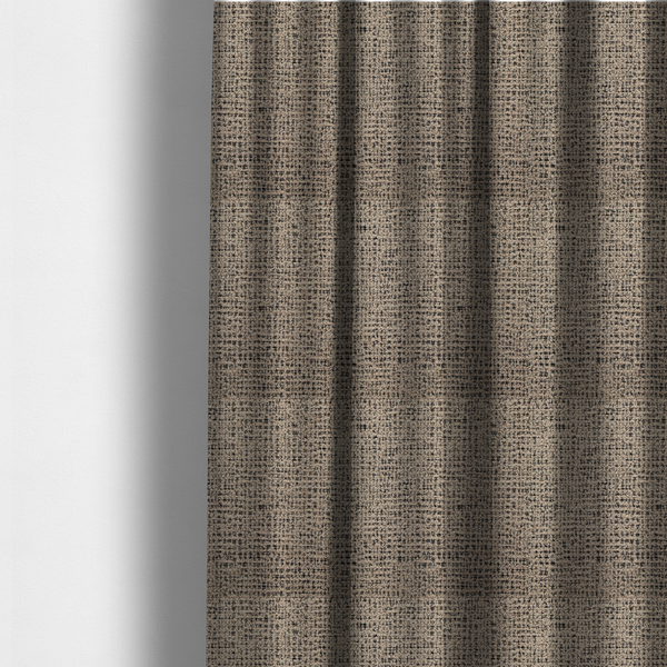 The fabric used to create these made-to-measure curtains is a textured, woven fabric featuring a complex pattern of beige, black, and white threads, creating a speckled and mottled appearance.