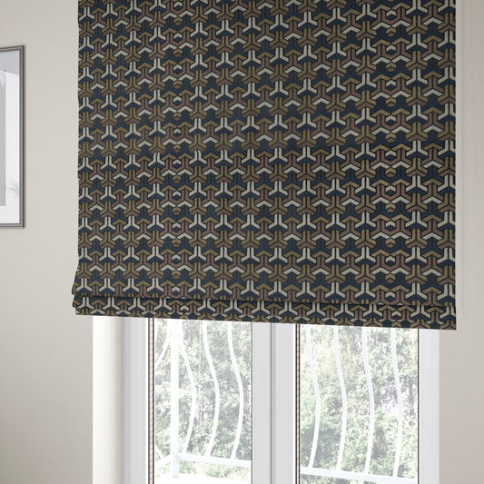 Oslo Geometric Pattern Blue Gold Black Toned Upholstery Fabric CTR-1256 - Roman Blinds