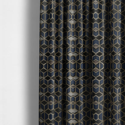 Oslo Geometric Pattern Blue Gold Black Toned Upholstery Fabric CTR-1258 - Made To Measure Curtains