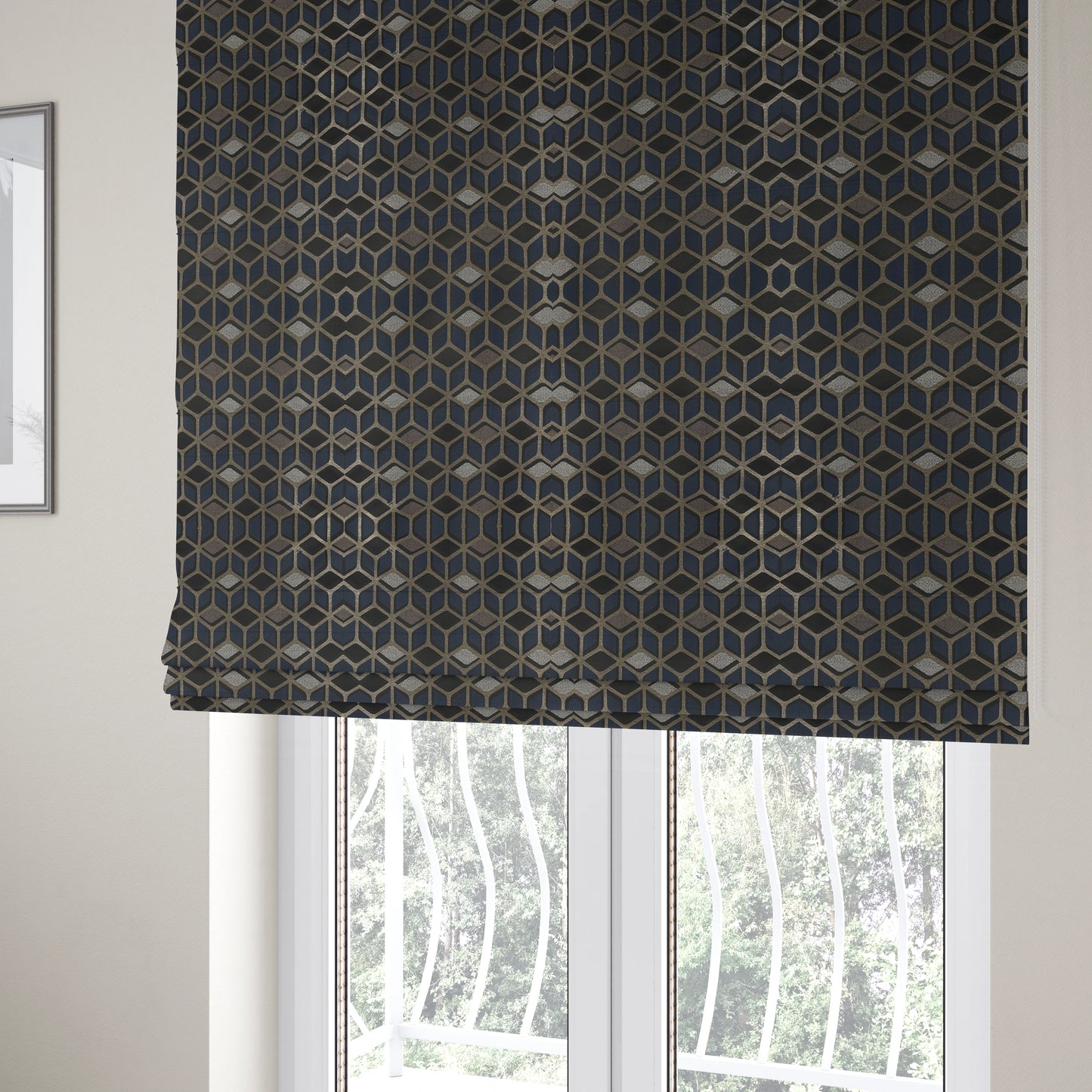 Oslo Geometric Pattern Blue Gold Black Toned Upholstery Fabric CTR-1258 - Roman Blinds