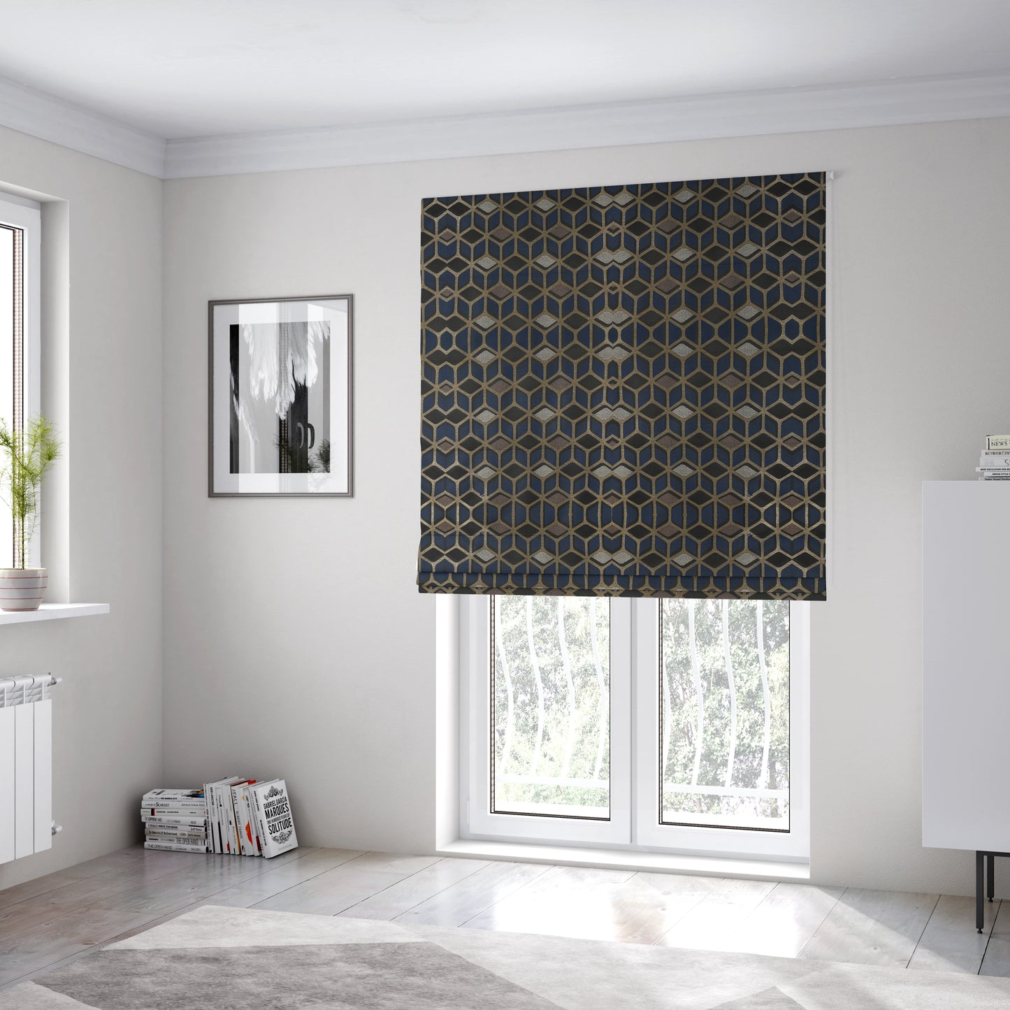 Oslo Geometric Pattern Blue Gold Black Toned Upholstery Fabric CTR-1258 - Roman Blinds