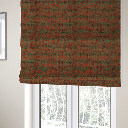 the fabric used to create these Roman blinds is a textured, woven fabric featuring a complex pattern of red, green, and dark threads, creating a speckled and mottled appearance.