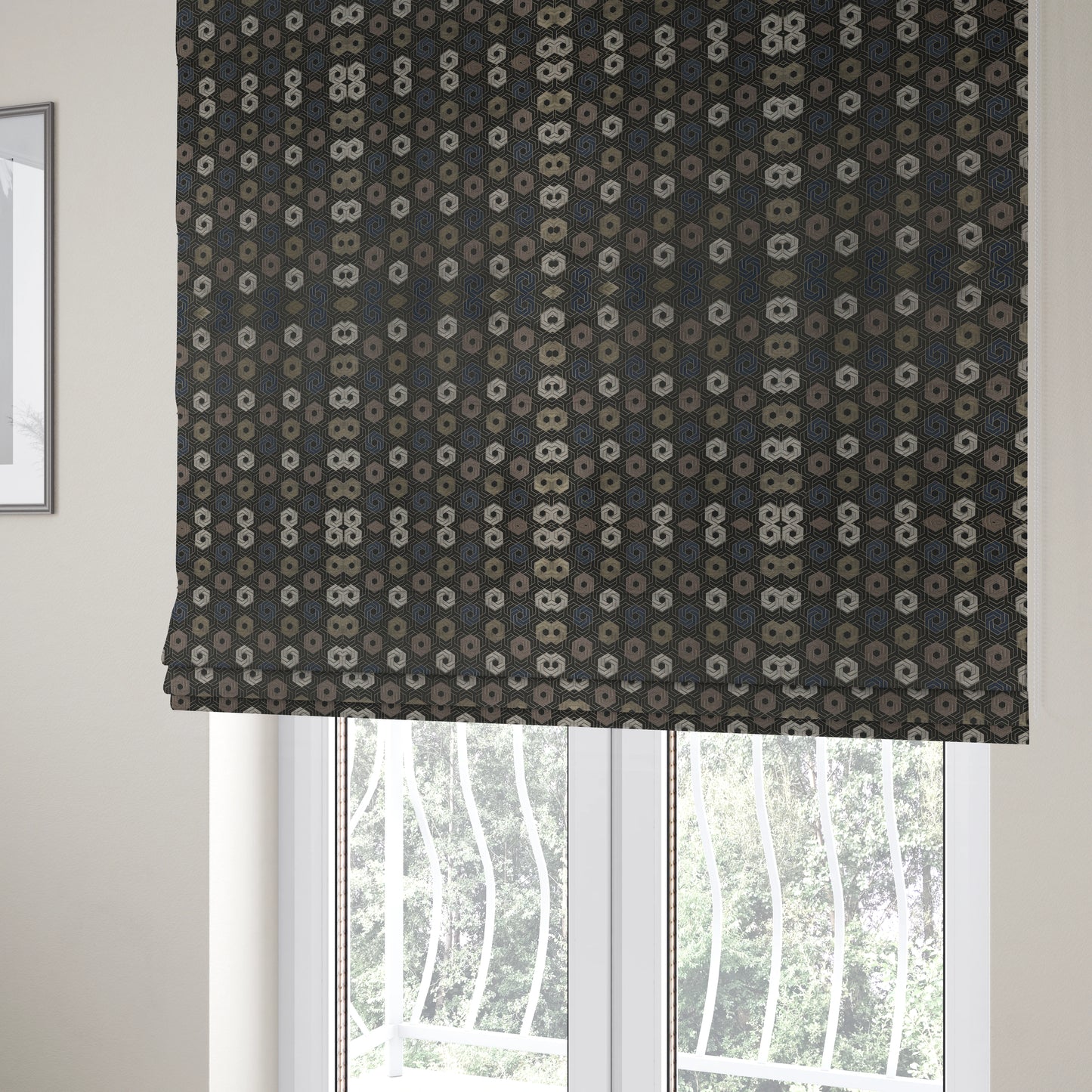 Oslo Geometric Pattern Blue Gold Black Toned Upholstery Fabric CTR-1259 - Roman Blinds