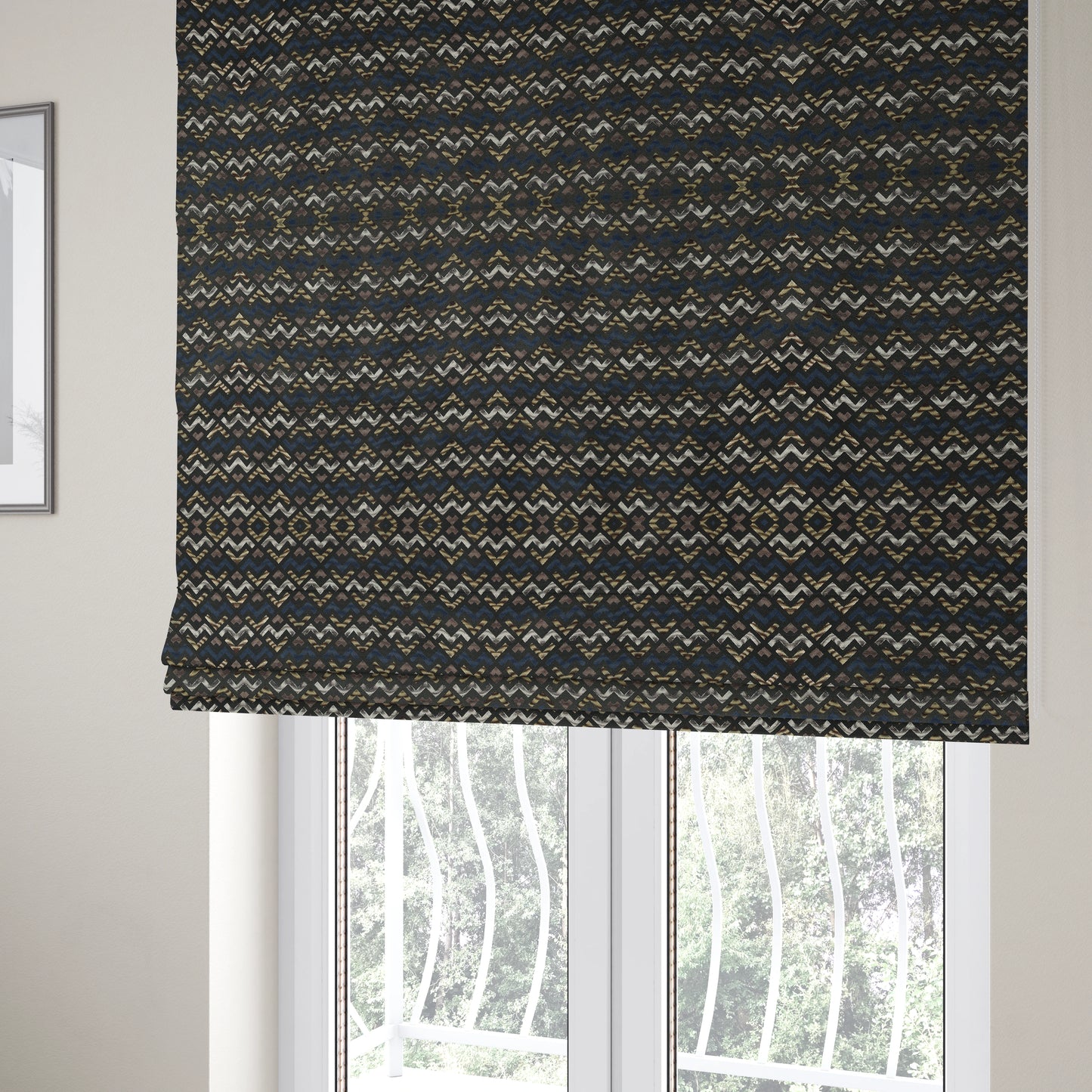 Oslo Geometric Pattern Blue Gold Black Toned Upholstery Fabric CTR-1260 - Roman Blinds