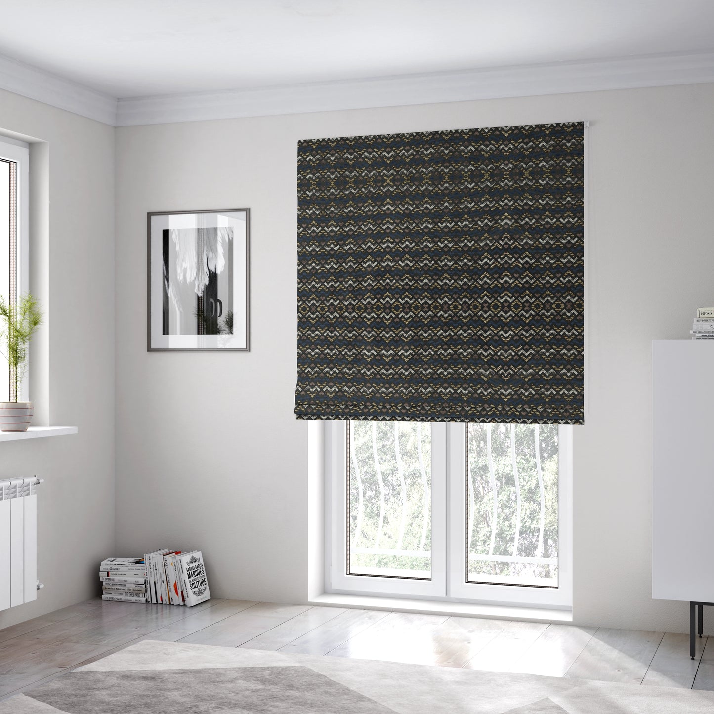 Oslo Geometric Pattern Blue Gold Black Toned Upholstery Fabric CTR-1260 - Roman Blinds