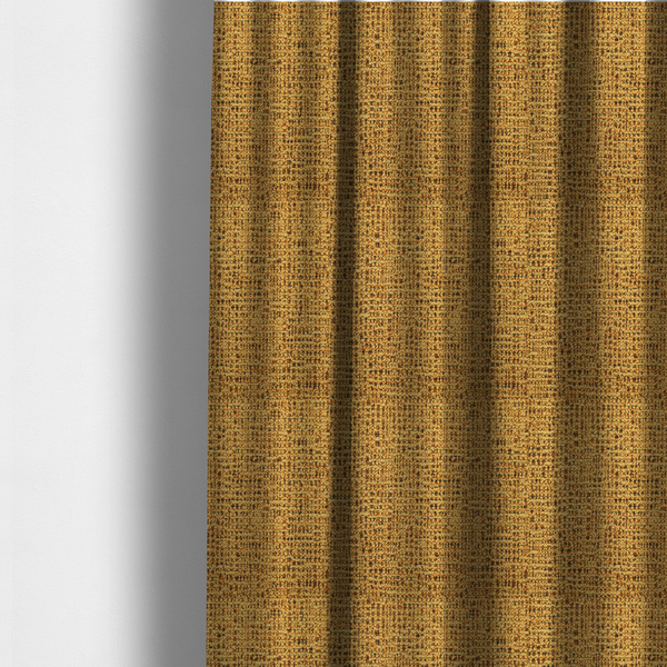 The fabric used to create these made-to-measure curtains is a textured, woven fabric featuring a complex pattern of yellow, dark, and beige threads, creating a speckled and mottled appearance.