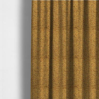 The fabric used to create these made-to-measure curtains is a textured, woven fabric featuring a complex pattern of yellow, dark, and beige threads, creating a speckled and mottled appearance.