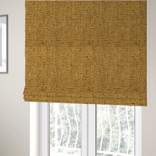 The fabric used to create these roman blinds is a textured, woven fabric featuring a complex pattern of yellow, dark, and beige threads, creating a speckled and mottled appearance.