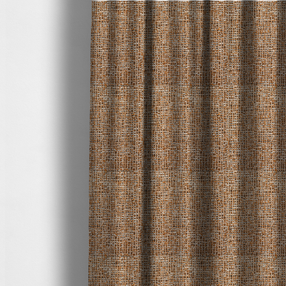 The fabric used to create these made-to-measure curtains is a textured, woven fabric featuring a complex pattern of brown, white, and dark threads, creating a speckled and mottled appearance.