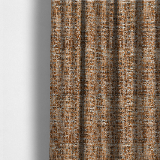 The fabric used to create these made-to-measure curtains is a textured, woven fabric featuring a complex pattern of brown, white, and dark threads, creating a speckled and mottled appearance.