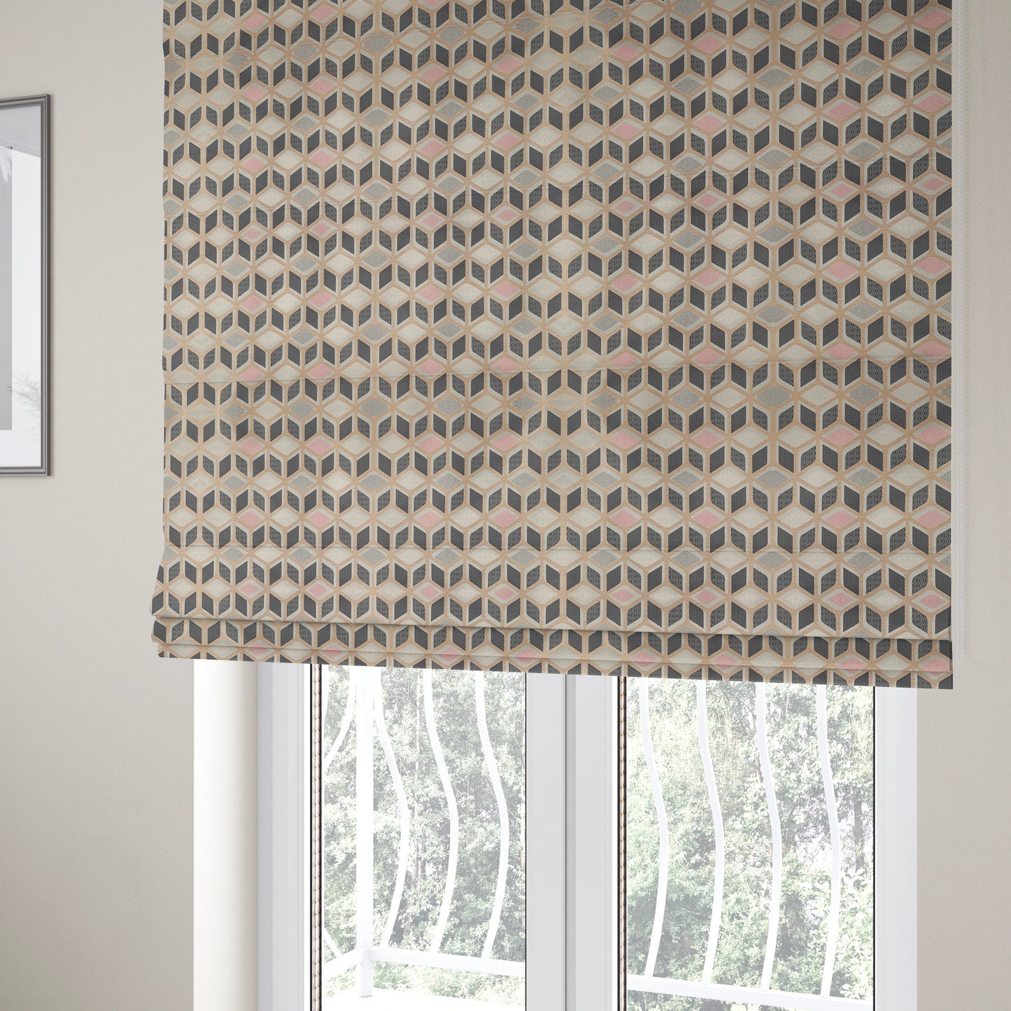 Oslo Geometric Pattern Grey Pink Gold Toned Upholstery Fabric CTR-1264 - Roman Blinds