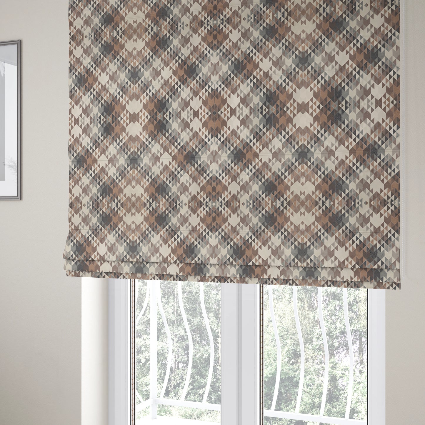 Oslo Geometric Pattern Grey Cream Brown Toned Upholstery Fabric CTR-1267 - Roman Blinds