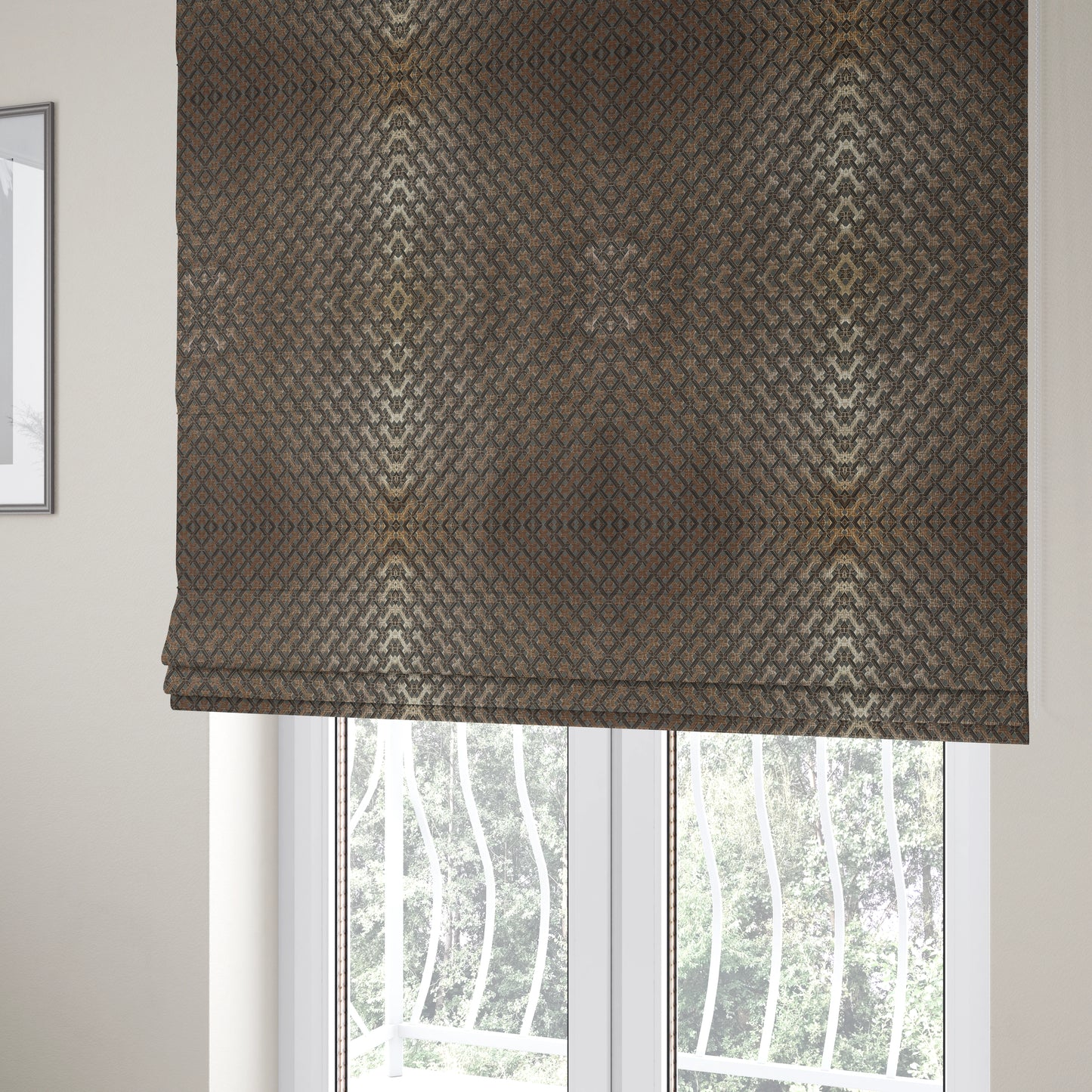 Ayon Geometric Pattern Grey Gold Coloured With Shine Furnishing Fabric CTR-1273 - Roman Blinds