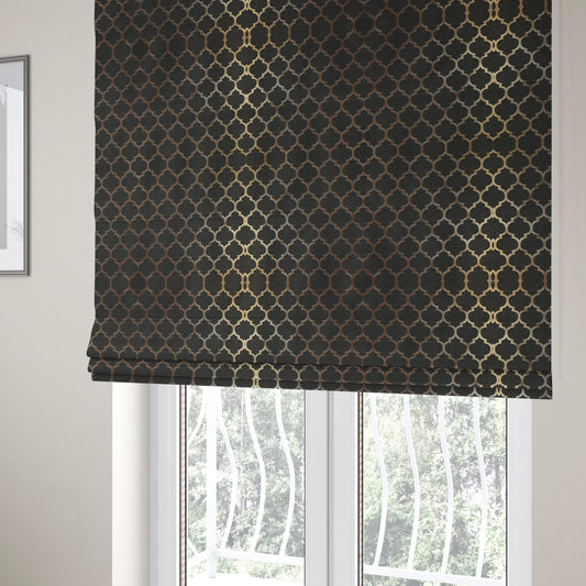 Ayon Damask Pattern Black Gold Coloured With Shine Furnishing Fabric CTR-1278 - Roman Blinds