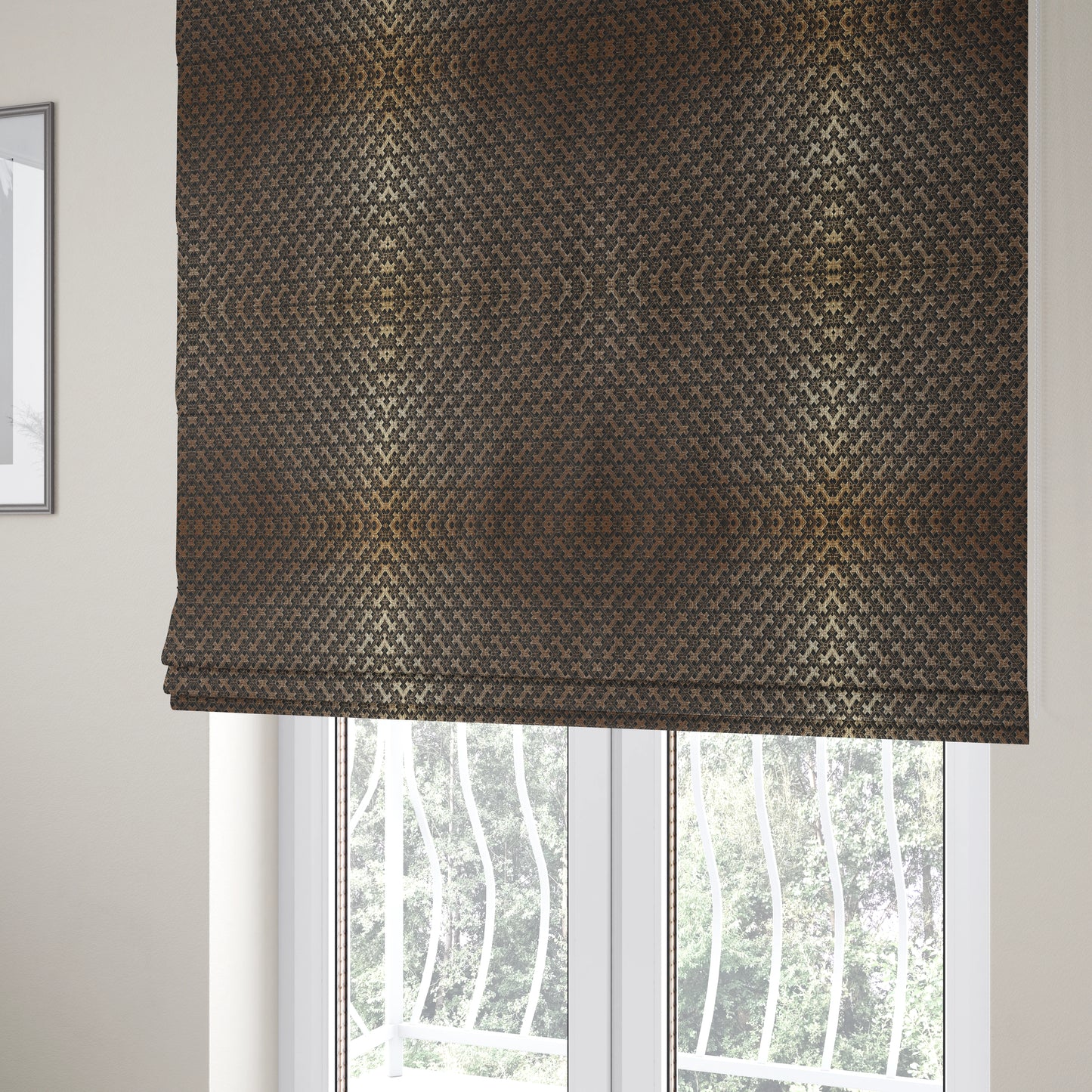 Ayon Geometric Pattern Black Gold Coloured With Shine Furnishing Fabric CTR-1279 - Roman Blinds