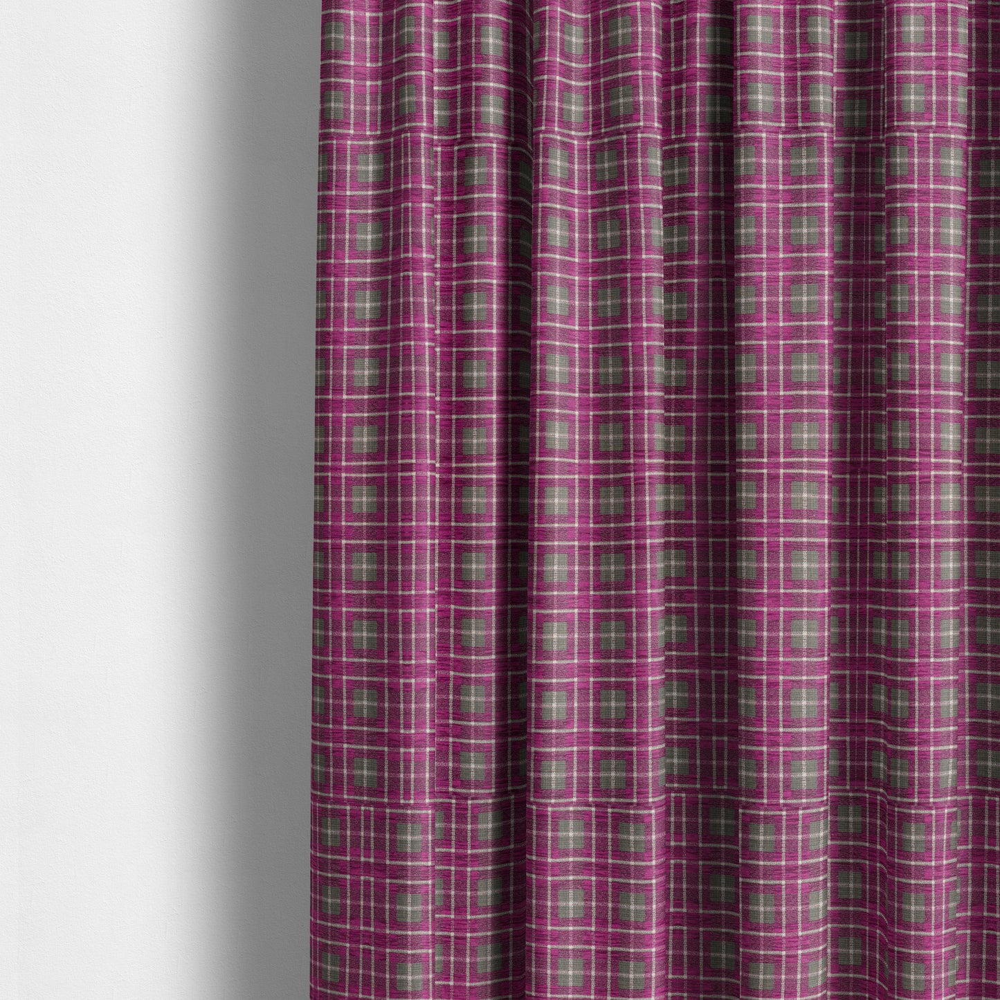 Ketu Collection Of Woven Chenille Checked Tartan Fuchsia Pink Colour Furnishing Fabrics CTR-128 - Made To Measure Curtains